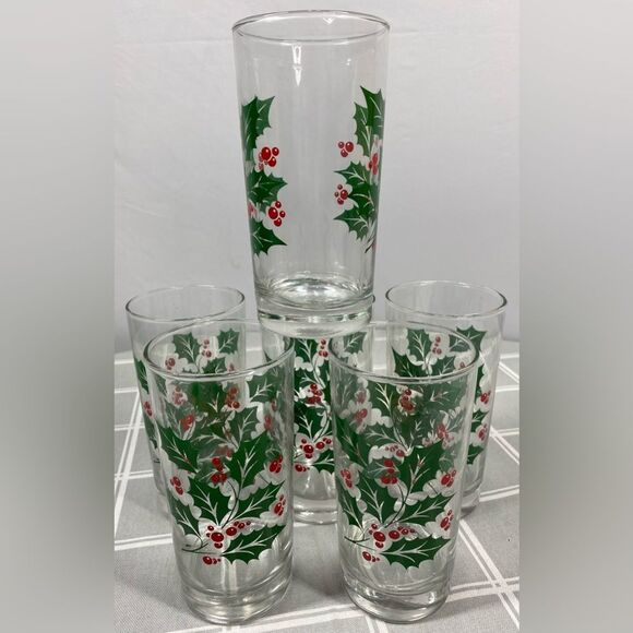 Vtg Holiday Beverage Set Holly Berries Leaves Indiana Glass Christmas Drinkware - Picture 7 of 9